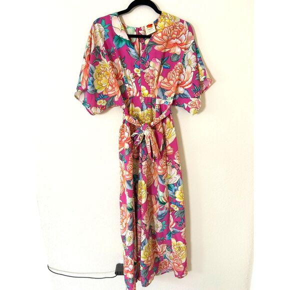Farm Rio Anthropologie Eulalie Wide-Leg Jumpsuit size XS pink floral spring - Picture 2 of 12
